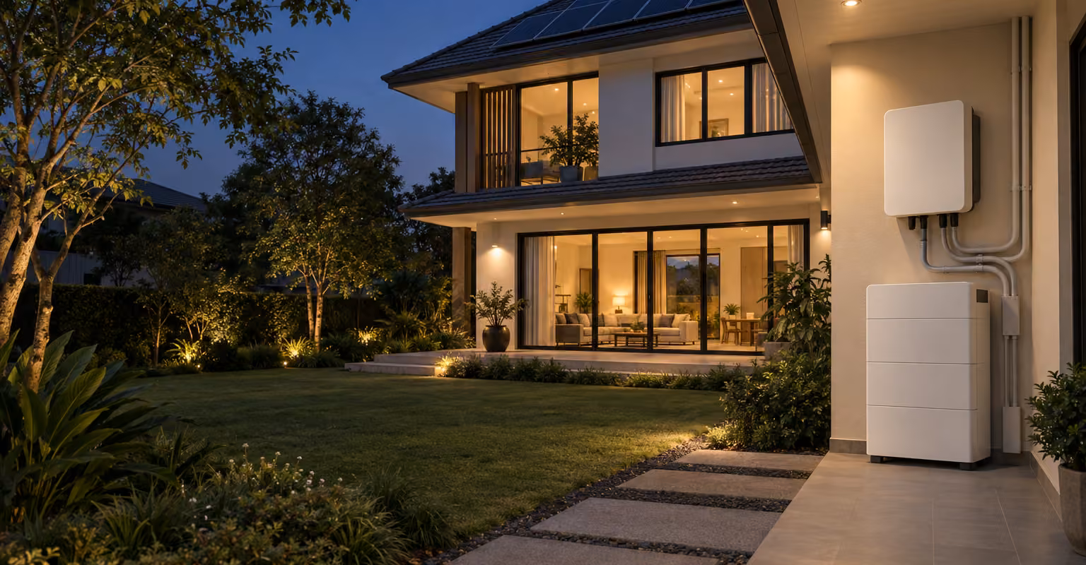 บ้านติดโซลาร์เซลล์พร้อม Hybrid Inverter และแบตเตอรี่ในช่วงเย็น