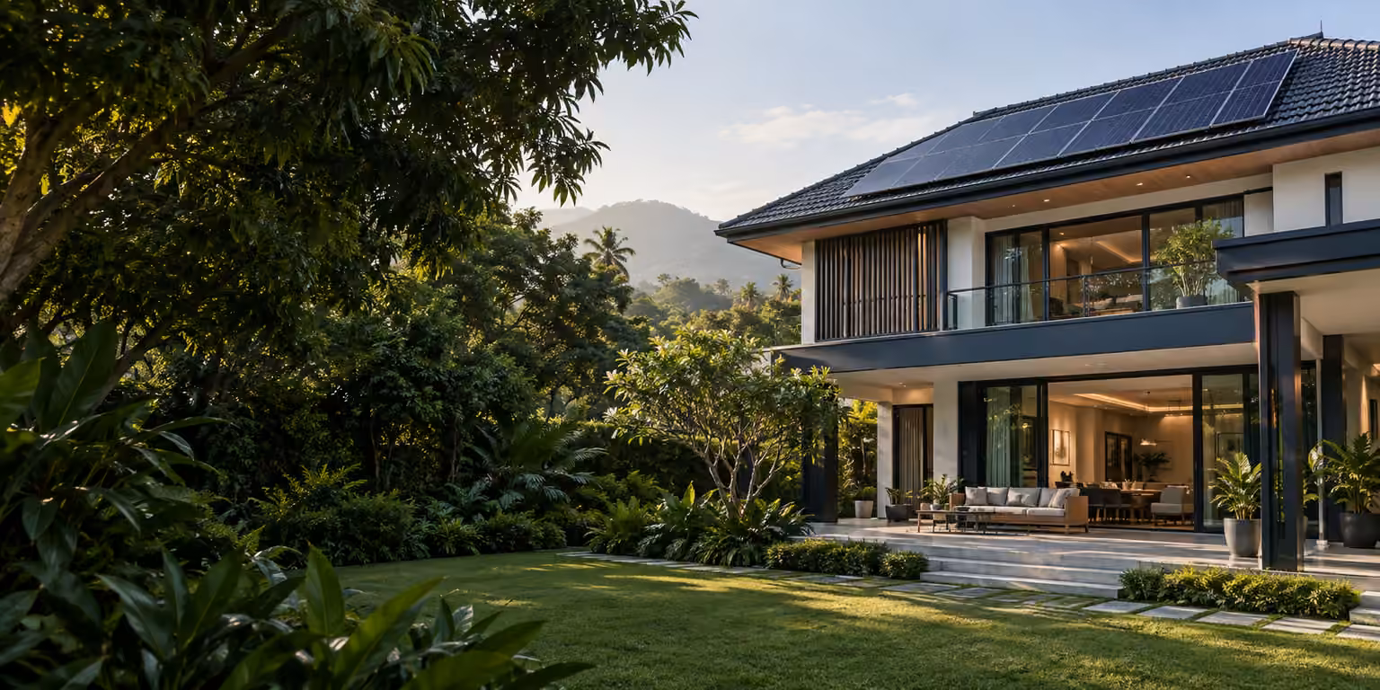 บ้านพักอาศัยติดแผงโซลาร์เซลล์บนหลังคาท่ามกลางสวน