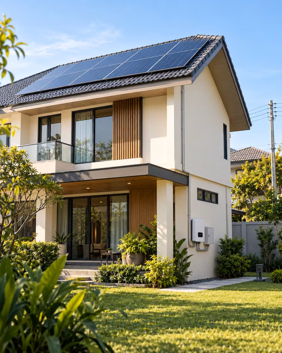 บ้านติดโซลาร์เซลล์ On-Grid พร้อมอินเวอร์เตอร์ชั้นล่างที่เข้าถึงเพื่อดูแลได้