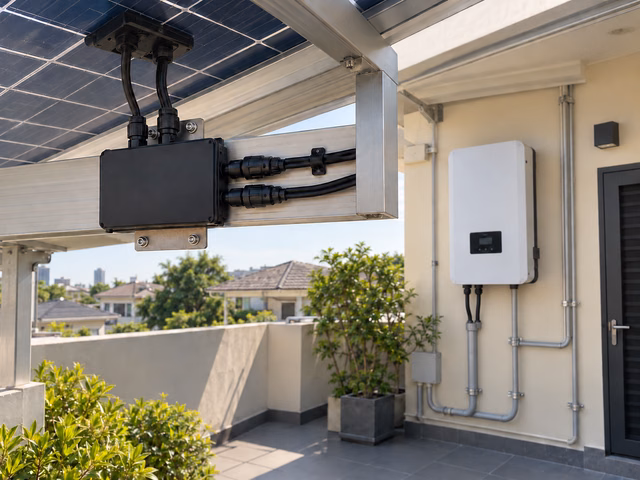 Optimizer ใต้แผงโซล่าเซลล์และ String Inverter พร้อมแนวเดินสายลงท่อ