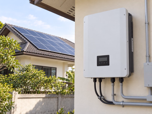 String Inverter ติดตั้งบนผนังใกล้หลังคาโซล่าเซลล์