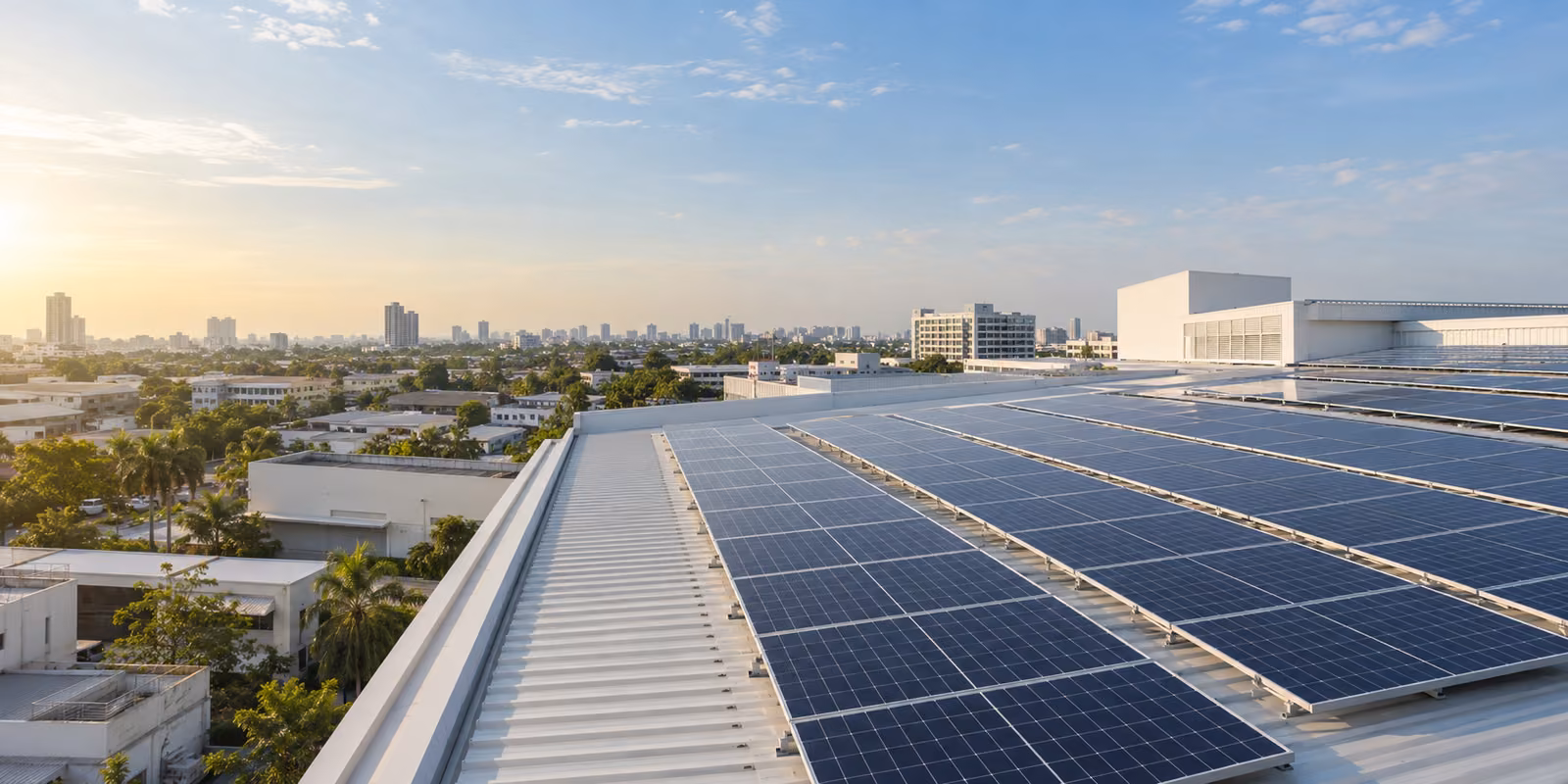 แผง Solar Rooftop บนหลังคาอาคารธุรกิจในเมือง